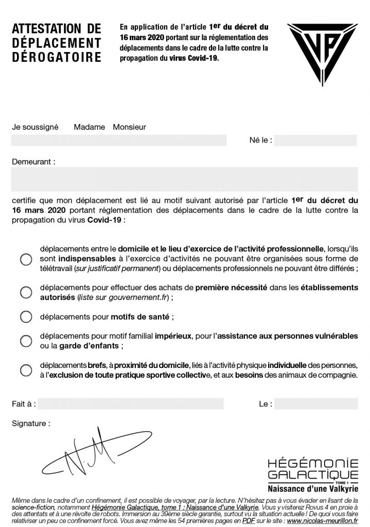 Attestation De Déplacement Dérogatoire Du 16 Mars 2020 Covid-19 Signée